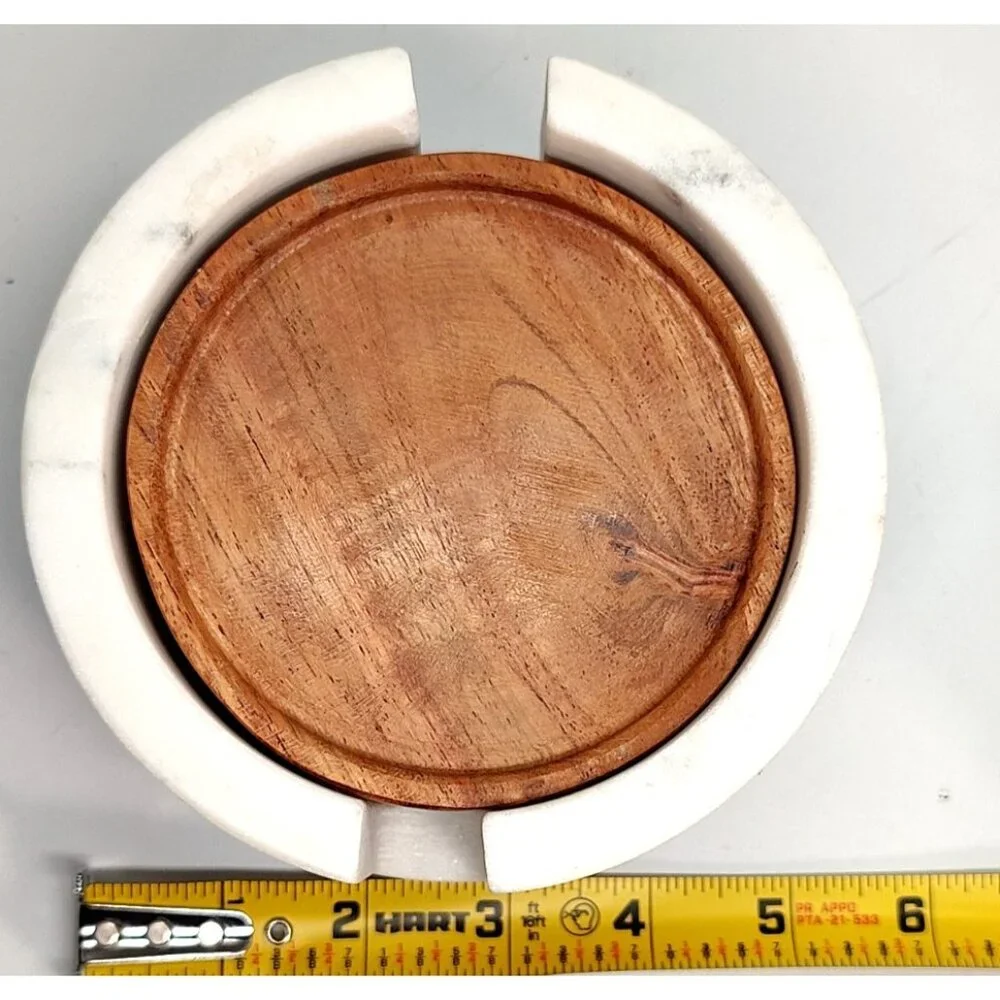 Etched B Monogram Wood Coasters Set with White Heavy Marble Holder Wood Base